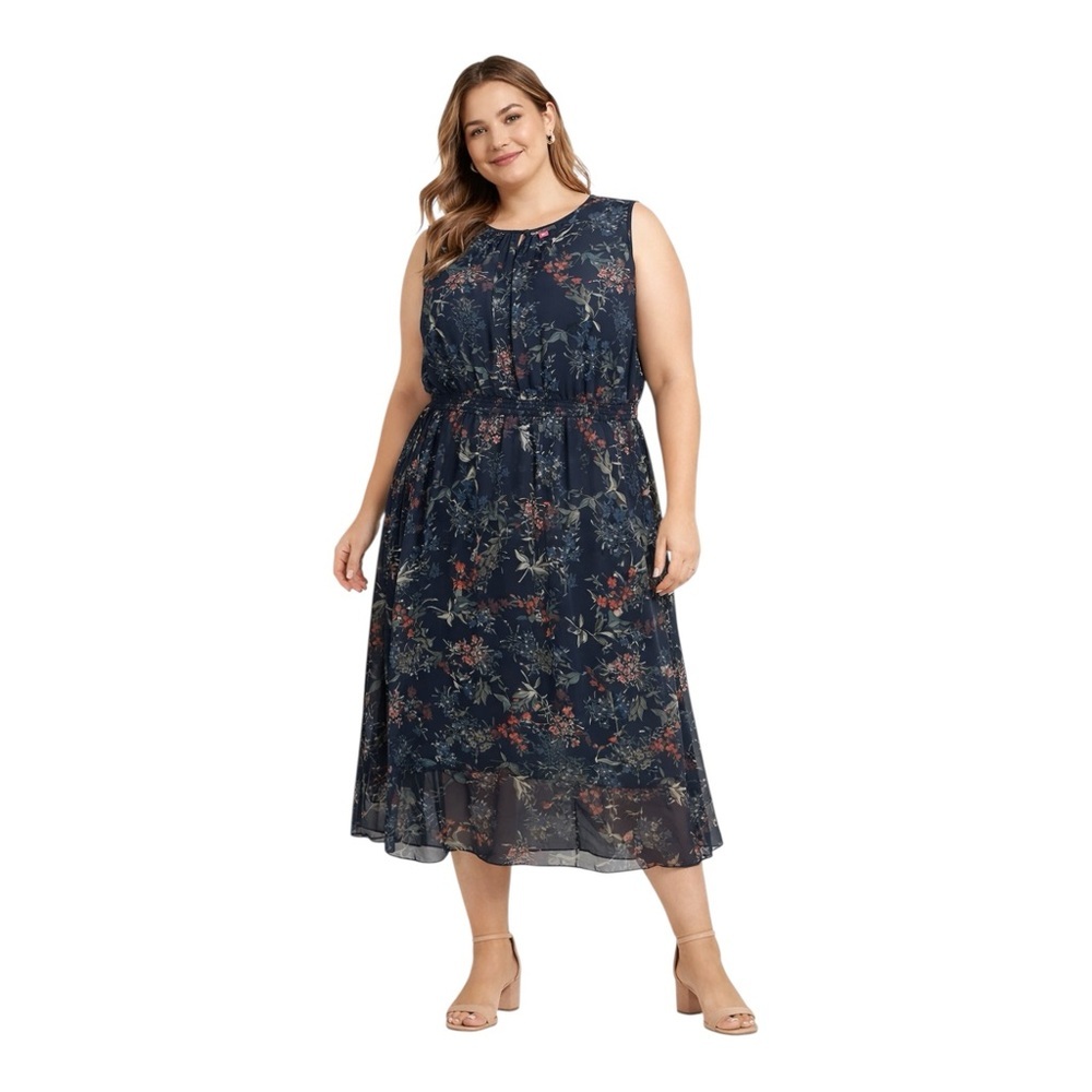 Vince Camuto Floral Smocked Waist Midi Dress 2X Sleeveless Navy